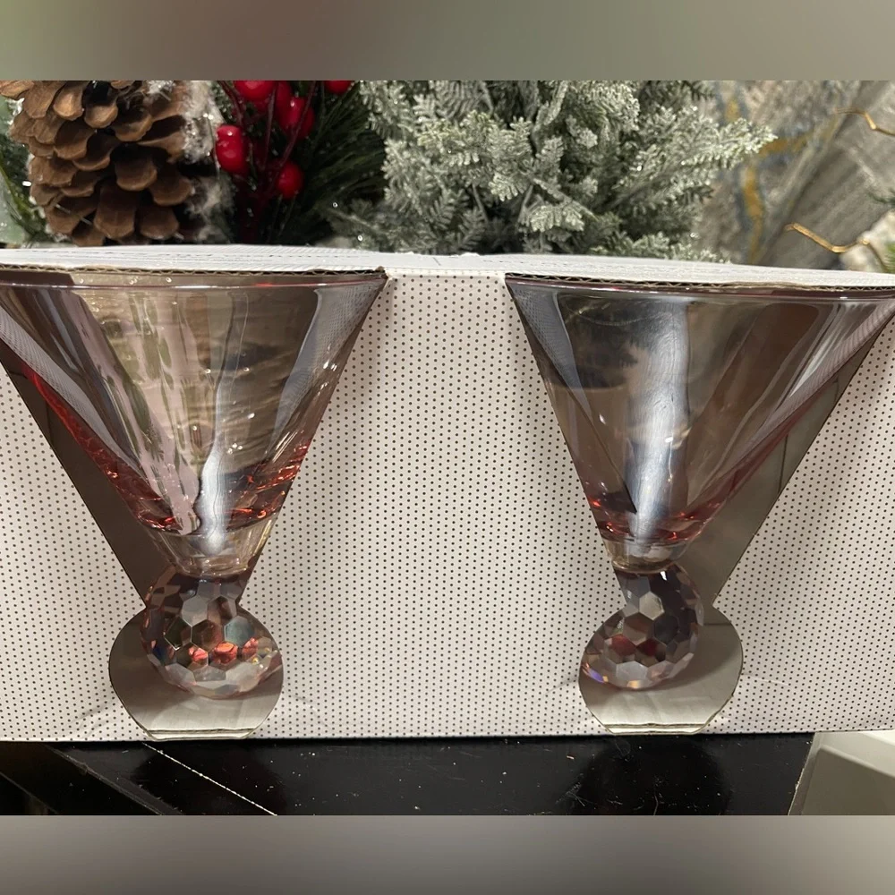 PINK Holiday Crystal Ball Martini Party glasses Set of 2 Cupcakes & Cashmere NWT